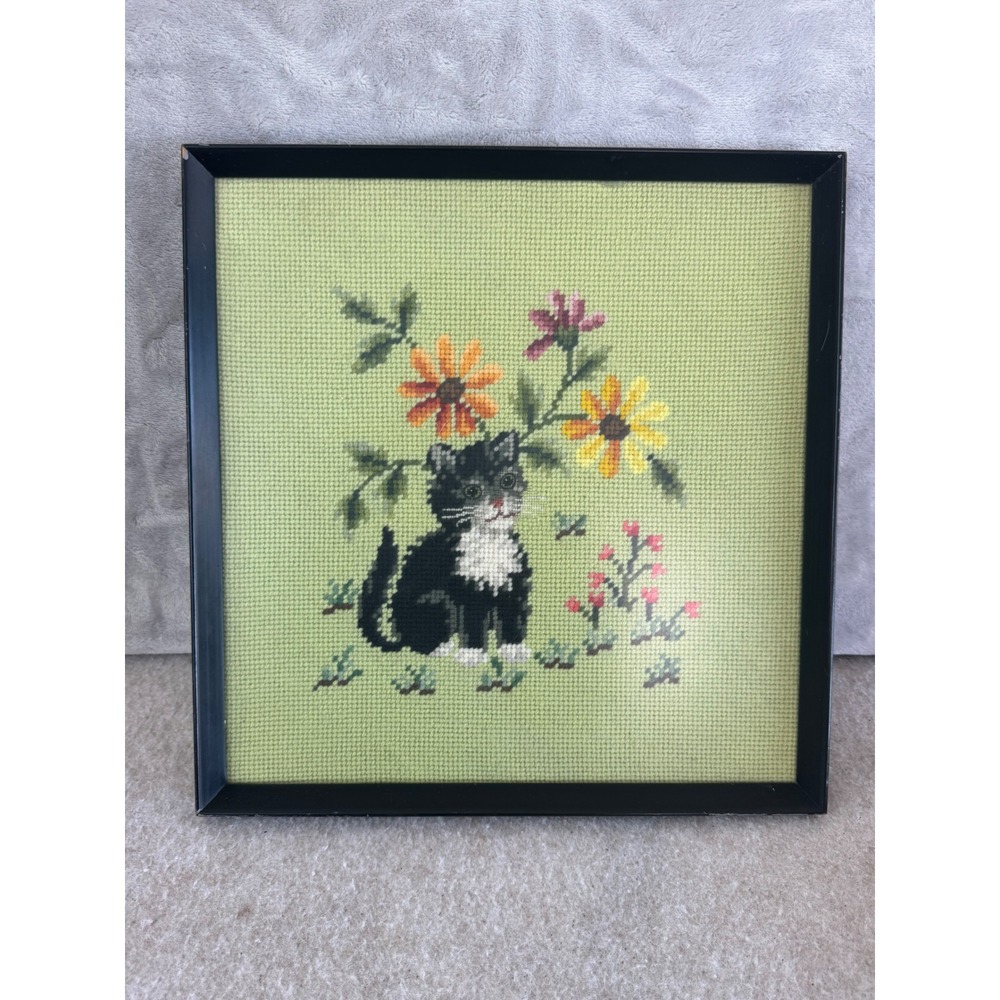 Vintage Framed Needlepoint Tuxedo Cat Floral Art Green 12x12 Mid Century Style